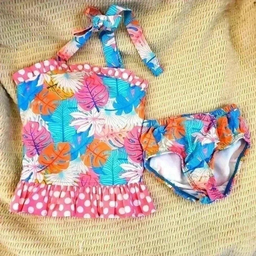 Kelly's Kids Girls Tropical Leaf‎ Polka Dot Ruffle Tankini Swimsuit Set Size 5-6